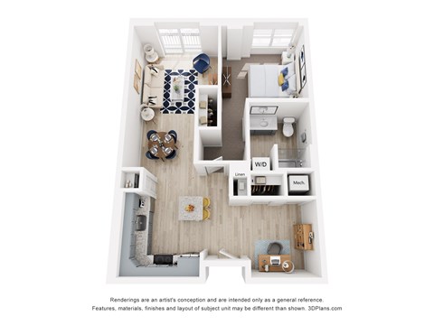 Floor plan for 1 bed, 1 bath, 750 sqft